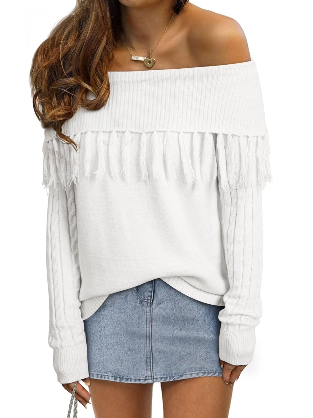 Off-the-Shoulder White Fringe Knit Sweater Top